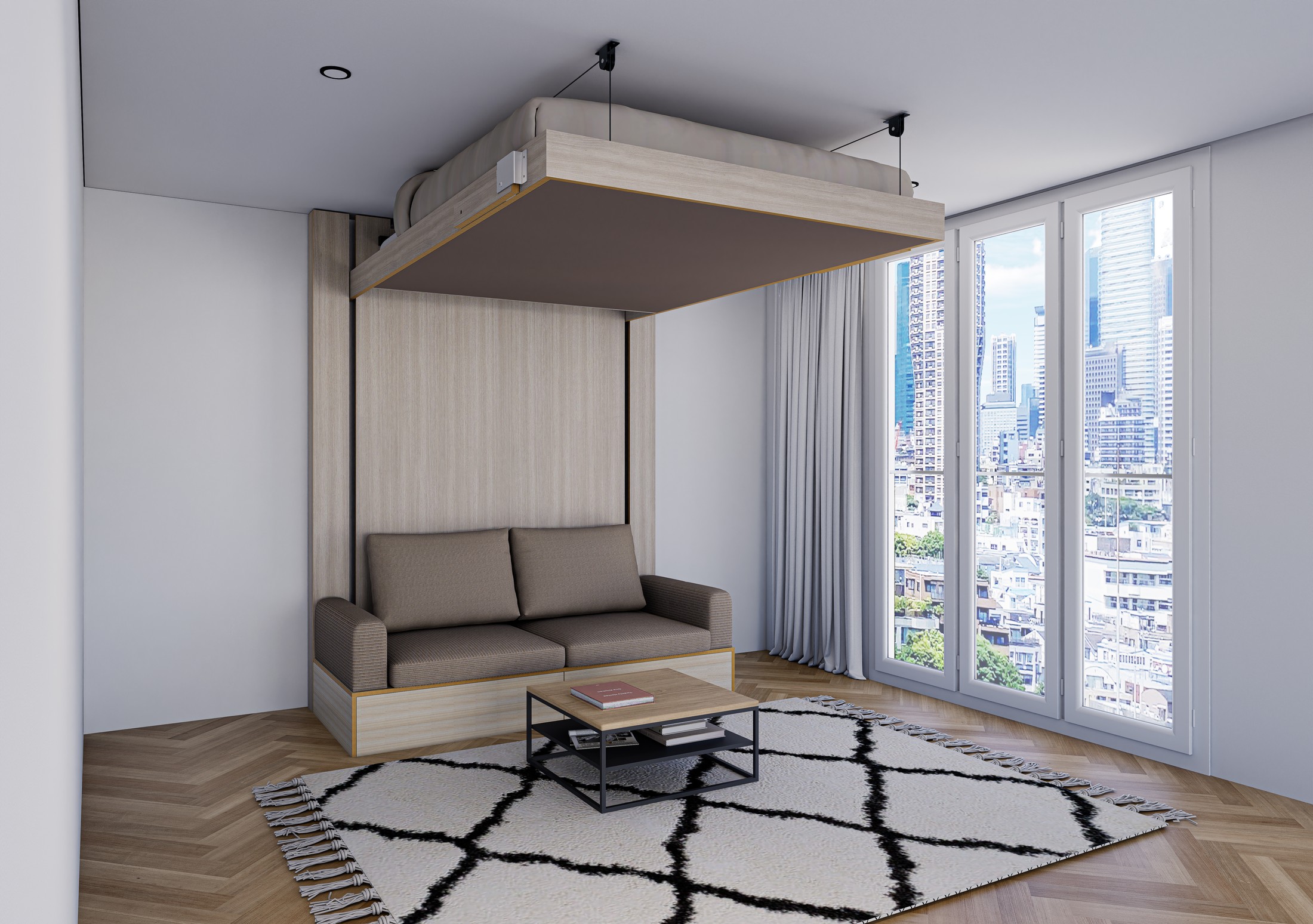 Rendering van de ruimte met bank: het bed hangt tegen het plafond, boven de bank en salontafel
