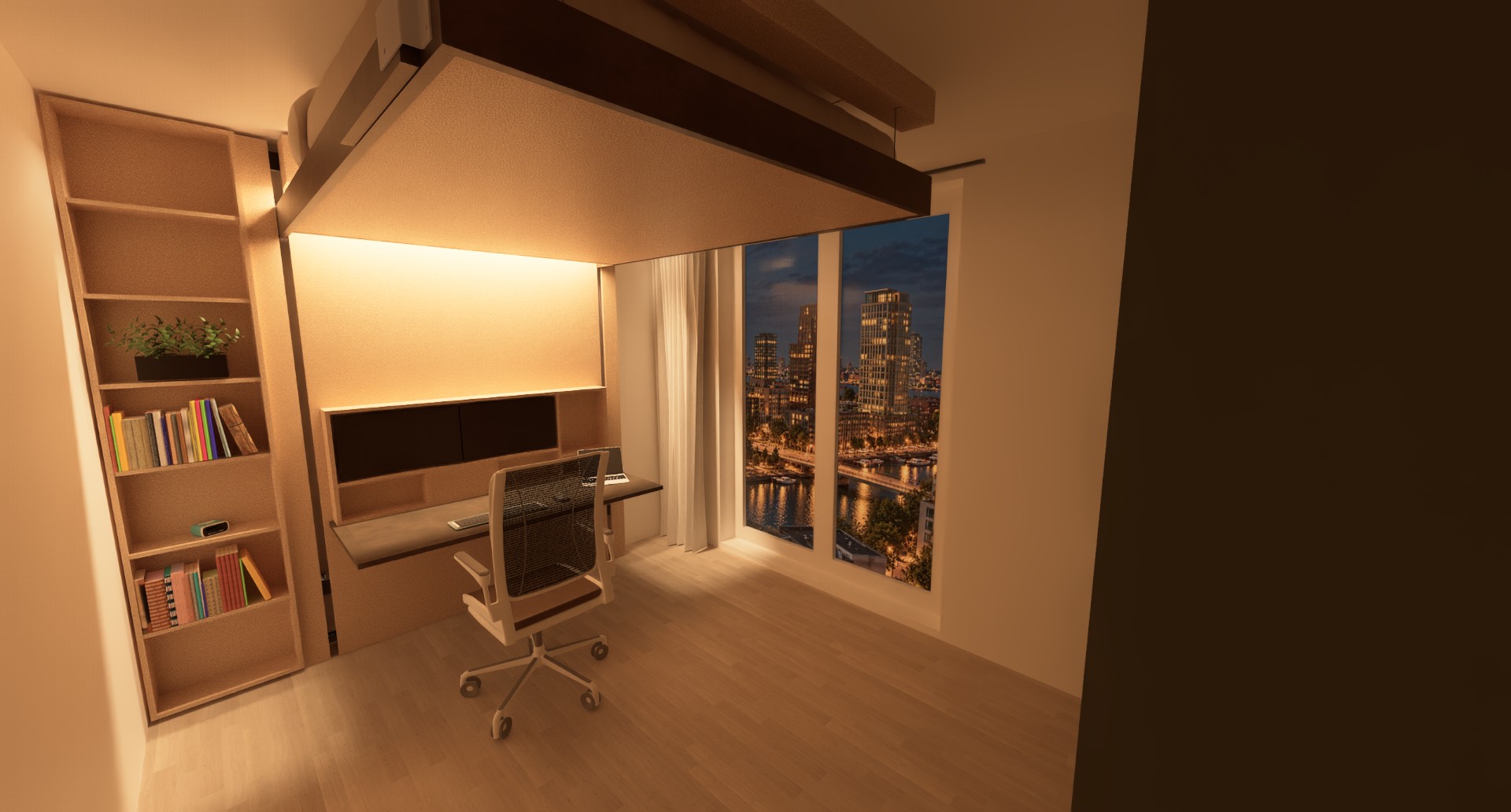 Rendering in avondverlichting van dezelfde kamer met bureau en het bed boven