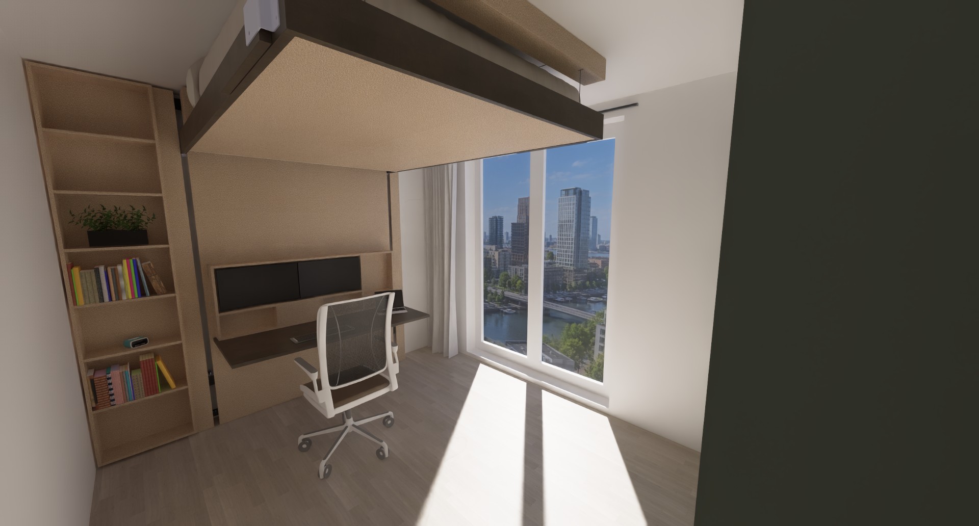 Rendering bij daglicht van de kamer met bureau, met het bed boven de werkplek