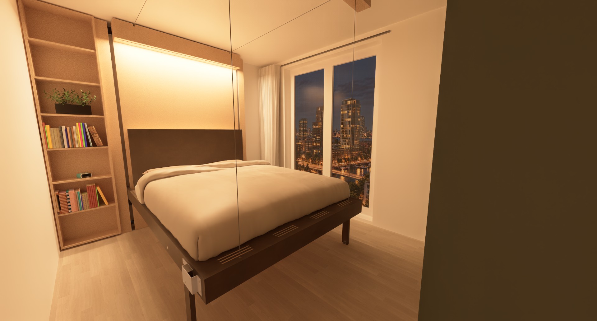 Rendering in avondverlichting van dezelfde kamer met het bed beneden in slaapstand