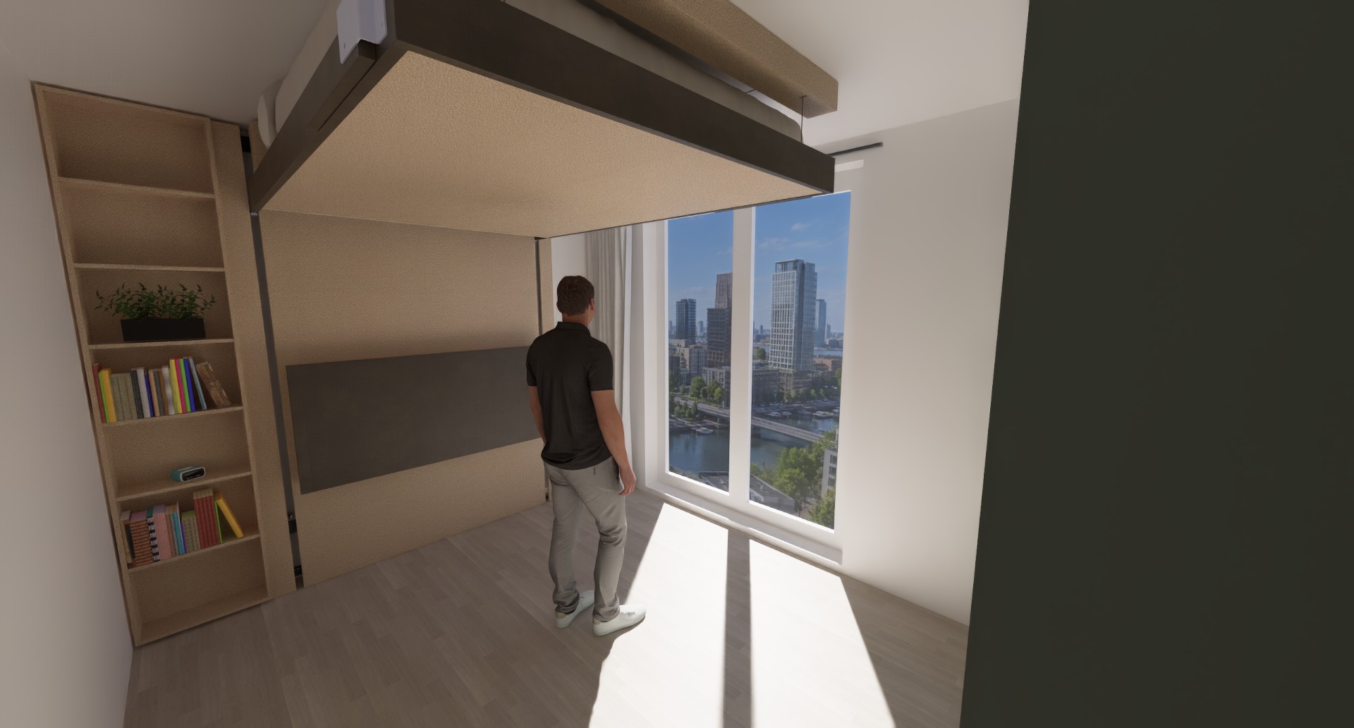 Rendering bij daglicht met een persoon onder het Elevated Bed: het bureau is ingeklapt en de vloer is vrij