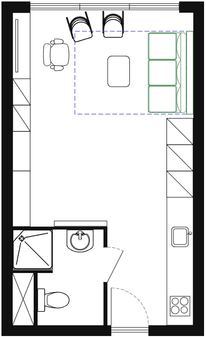 Plattegrond van de compacte studio met open ruimte voor bezoek, extra stoelen bij de bank en het bed boven de zithoek