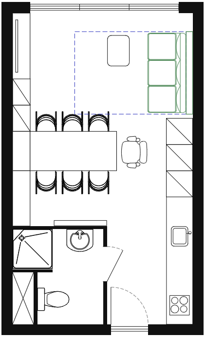 Plattegrond van de compacte studio met verlengde eettafel, stoelen en ingeklapt bureau; het bed hangt boven de zithoek