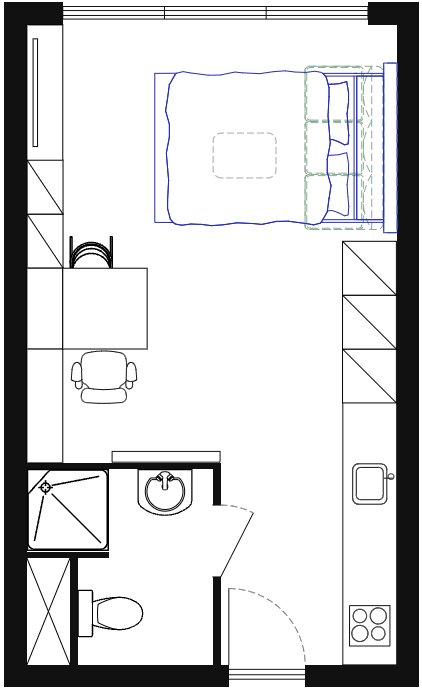 Plattegrond van de compacte studio in slaapstand: het Elevated Bed staat beneden, met de zithoek eronder