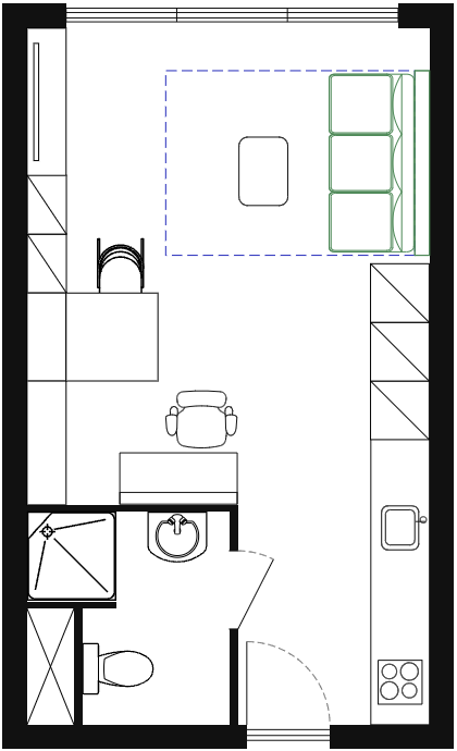 Plattegrond van de compacte studio met het bed boven de zithoek, een uitgeklapt bureau en een uitschuifbare tafel