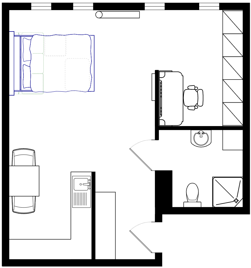 Plattegrond van de studio in slaapstand: het Elevated Bed staat beneden met de meubels eronder