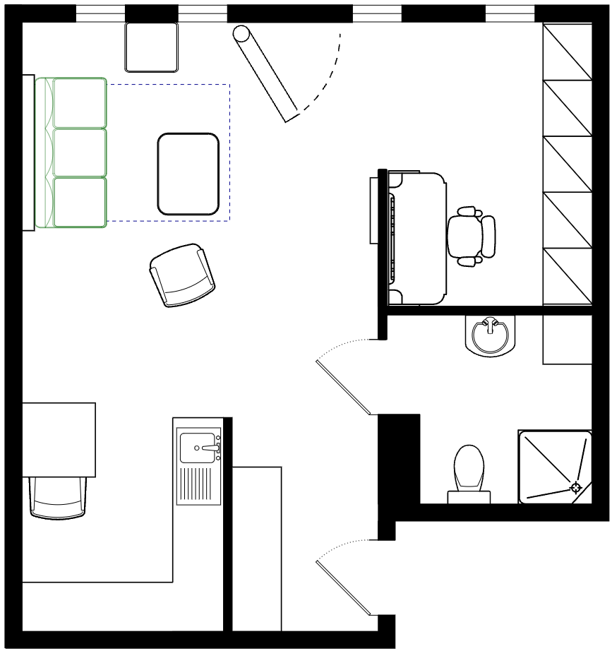 Plattegrond van de studio in woonstand: het Elevated Bed hangt boven de bank en salontafel